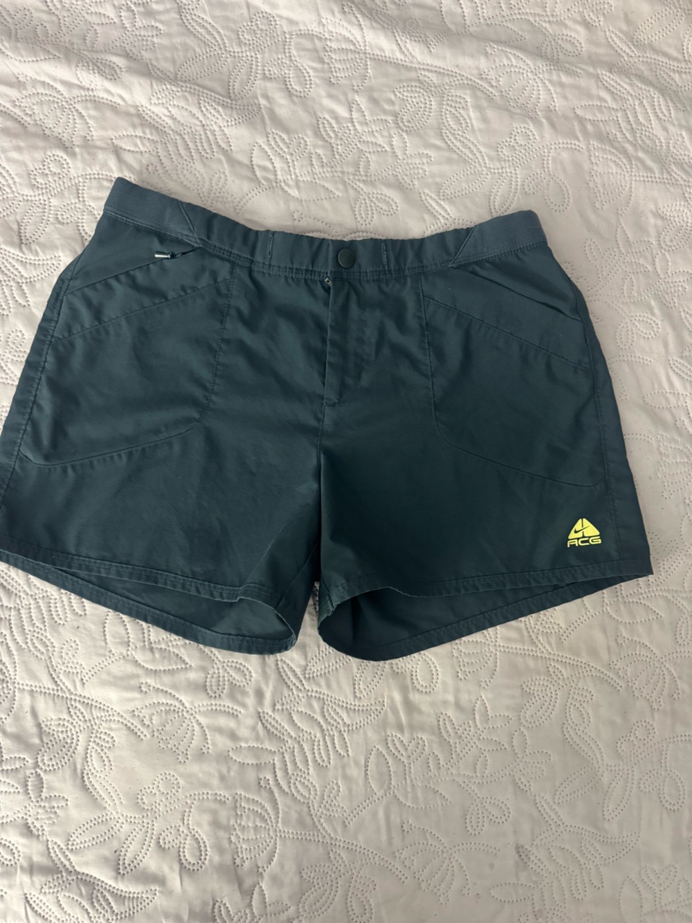 Nike ACG Women's Teal Athletic Shorts with Neon Yellow Logo